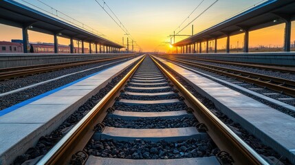 Fototapeta premium Sunrise Train Tracks Platform Journey Transportation Sunset