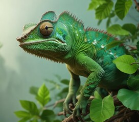 Obraz premium Green scaly body of a chameleon blending with leaves , wildlife, nature, environmental