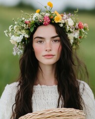 Naklejka premium Eco-Chic Spring Equinox Boho Floral Goddess Imagery for Seasonal Marketing and Nature-Inspired Branding - Womens Wellness and Eco-Friendly Event Design