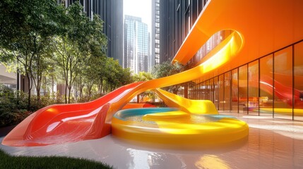 Cityscape playground slides pool fun