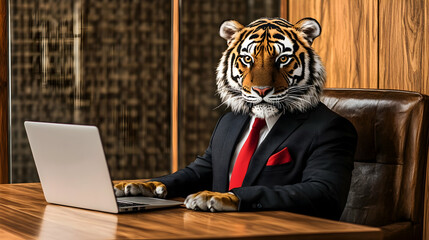 A tiger in a tailored black blazer and bold red tie, sitting at an elegant wooden desk with a laptop