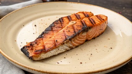 grilled salmon steak on a beige plate with charred edges and flaky flesh, dinner, flaky fish, culinary art, food styling, seafood