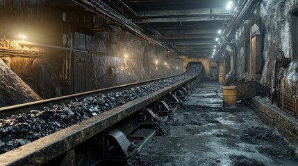 Obraz premium Coal conveyor belt transporting coal in industrial plant, dark tunnel background