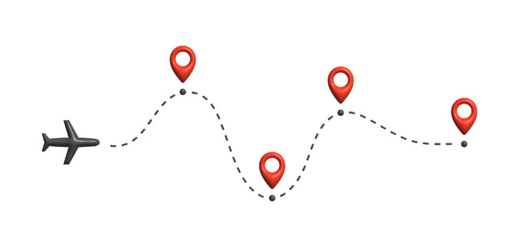 Airplane flying along dashed route with multiple location markers, symbolizing multi-stop travel, navigation, itinerary planning for tourism, logistics, airline services. Vector illustration