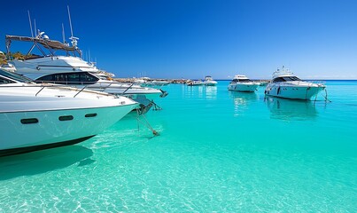 White yachts moored in turquoise Mediterranean harbor on sunny day
