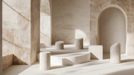 Sunlit stone room, product display, arches, minimal, interior design