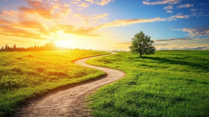 Obraz premium Winding road sunset field tree nature landscape travel