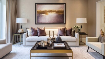 Fototapeta premium Elegant living room featuring a white sofa, abstract art, and decorative accessories, creating a sophisticated atmosphere