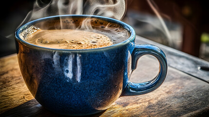 Steaming coffee in a blue mug on a wooden table outdoors