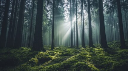 Obraz premium Sunbeams pierce misty forest, moss carpet, tranquil nature scene, poster