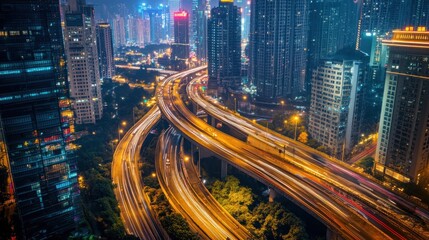 Obraz premium Night highway, city, traffic, elevated, Asian, lights, metropolis, transport, urban, blur, advertising