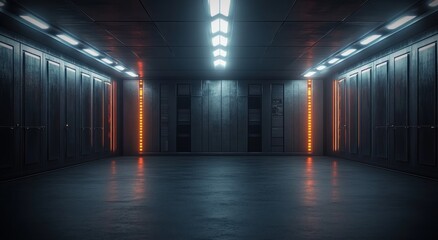 Fototapeta premium Futuristic Industrial Cyberpunk Hallway Dark Metallic Space Interior