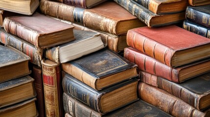 Naklejka premium Antique books stacked, outdoor market, sunlight, history, education