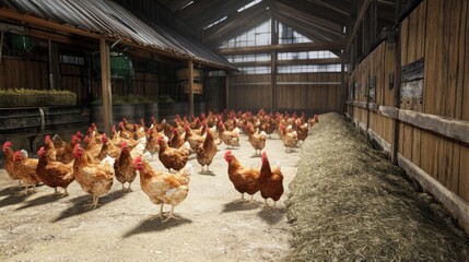 Hens roosting in barn, hay, sunlight, farming