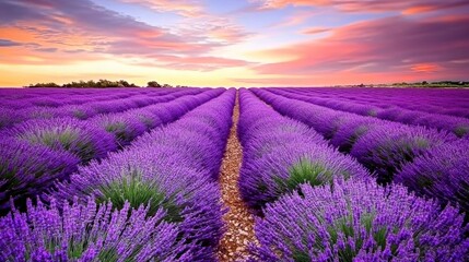 Obraz premium Sunset Lavender Field Rows, Provence, France, Peaceful Scenic