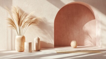 Obraz premium Sunlit room, arched niche, pampas grass vase, minimalist decor, product display