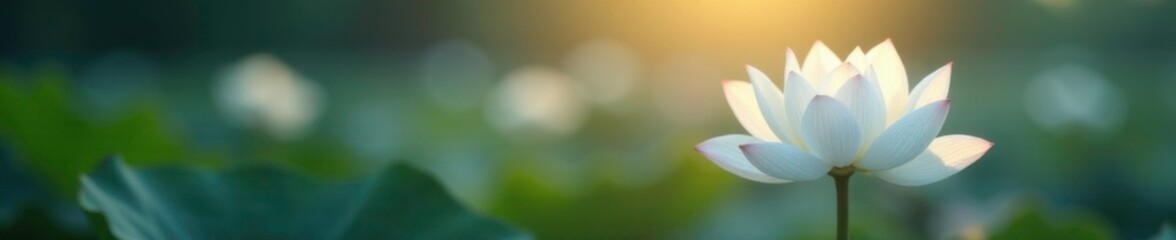 Softly glowing white lotus petals illuminate misty morning, white lotus, soft glow, serene ambiance