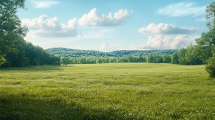 Fototapeta premium Sunny meadow, rolling hills, peaceful countryside, summer day, nature background, idyllic landscape