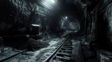 Obraz premium Dark mine tunnel, rail tracks, mining equipment, rock walls, background light, industrial setting