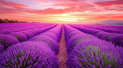 Obraz premium Sunset Lavender Field, Provence, France; vibrant rows, idyllic landscape, travel poster