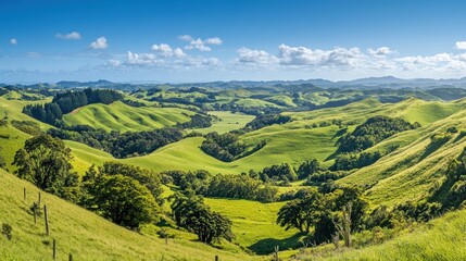Fototapeta premium Sunny hillside valley panorama, lush green pastures, distant hills, travel brochure