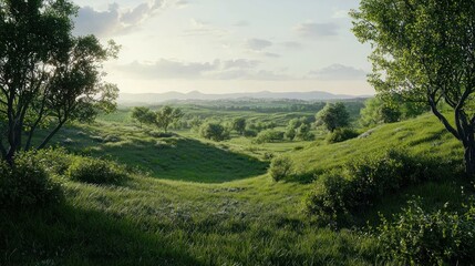 Obraz premium Serene Springtime Meadow Landscape: A Breathtaking Panorama of Rolling Hills and Lush Greenery Under a Soft Sunset Sky
