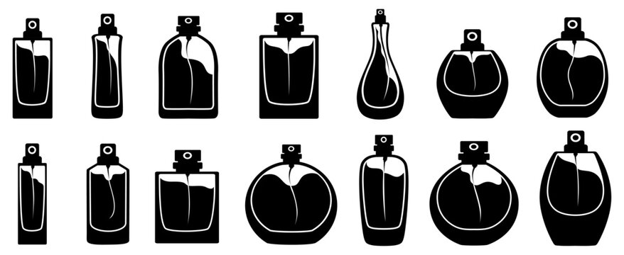 vector set black perfume bottles silhouettes icon. cosmetic spray. fragrance symbol design vector illustration