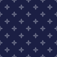 Geometric floral seamless pattern with a minimalist style on a navy blue background. Design for wallpapers, textiles, gift wrapping, digital prints, or elegant fabric designs. Vector illustration.