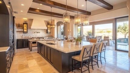 Fototapeta premium Elegant modern kitchen and dining area featuring a spacious island and desert view