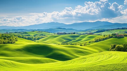 Tuscan hills, vibrant green landscape, sunny day, mountain backdrop, travel poster