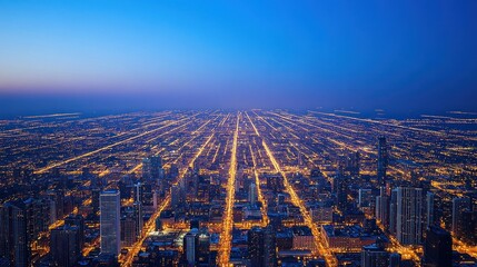 Cityscape aerial twilight view, urban grid, illuminated streets, distant horizon, cityscape background
