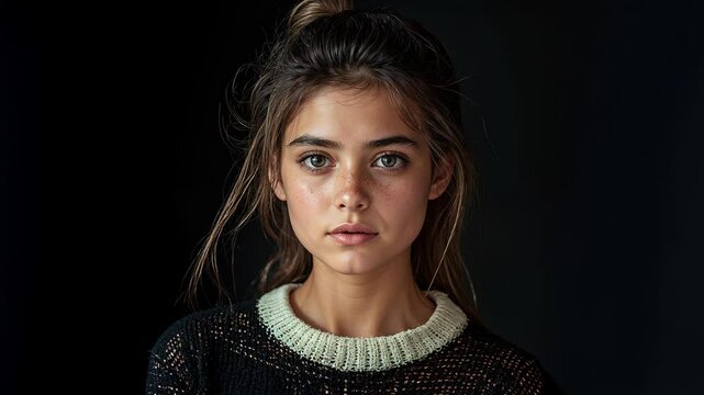 Transformation morphing from young to old brunette woman, concept of longevity time