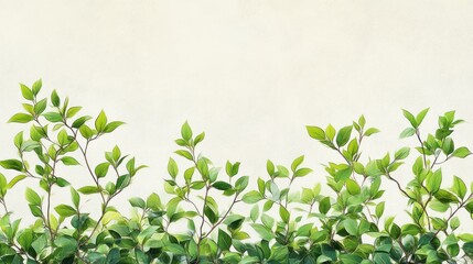 Fototapeta premium Lush green foliage border against textured wall; nature backdrop, website banner