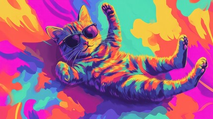Obraz premium Cool Cat Relaxing On Vibrant Colorful Background