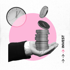 Modern art collage. Hand holding stack of coins under floating clock with INVEST, symbolizing time...