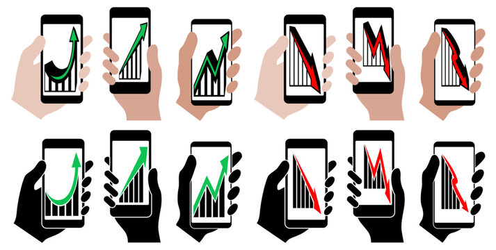 Set vector holding phone show Graph going Up and Down icon. investment sign. Business sales bar chart symbol design vector illustration