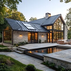 Fototapeta premium A rustic-modern hybrid home with a stone exterior, metal roofing, and modern glass doors.