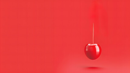 Elegant Juicy Dark Red Cherry hanging against a solid red background.
