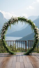 Circular floral wedding arch with lake and mountain view
