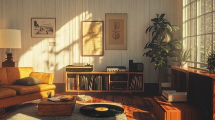 Sunlit mid-century living room with vintage record player and warm, cozy ambiance