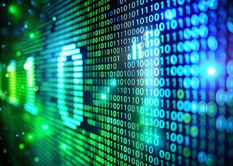 Obraz premium Big Data Power: Binary Code on Computer Screen with Green Light and Blue Bokeh