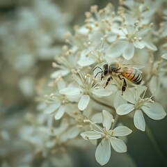 Honeybee pollinating delicate white flowers.
