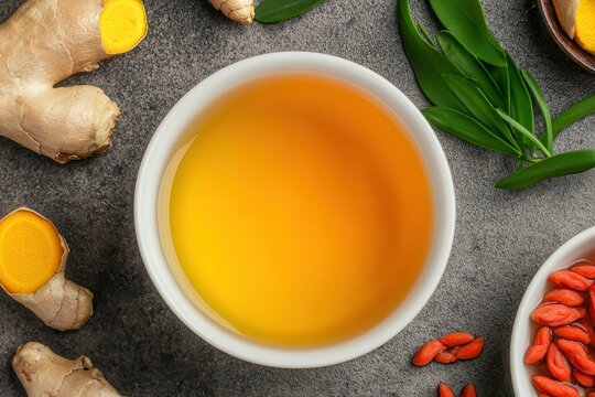 Goji berry: A powerful herbal remedy for health, Herbal tea with ginger and turmeric on a textured surface.