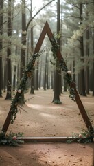 Fototapeta premium Triangle wooden wedding arch with flowers in forest setting