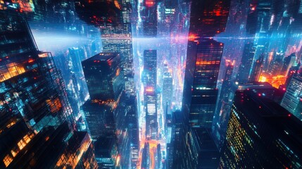 Fototapeta premium Futuristic Cityscape Aerial Night View, glowing skyscrapers, digital art, sci-fi film background