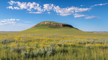 Fototapeta premium Prairie landscape, butte, wildflowers, summer, sky, scenic, grasslands, horizon, travel, postcard
