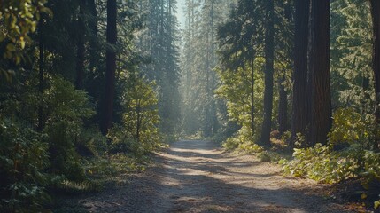 Obraz premium Misty forest path, sunlight, trees, nature, travel, tranquil scene, background, adventure, photography