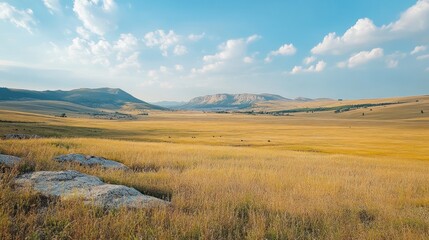 Fototapeta premium Golden prairie landscape, rolling hills, sunny sky, distant mountains, travel brochure
