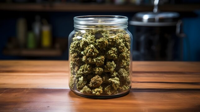 A jar of dried cannabis buds resting on a rustic wooden table showcasing the natural organic and therapeutic properties of this herbal ingredient for alternative medicine holistic wellness