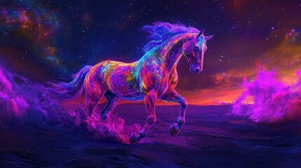 Obraz premium Cosmic Horse Running Nebula Sunset Fantasy Art
